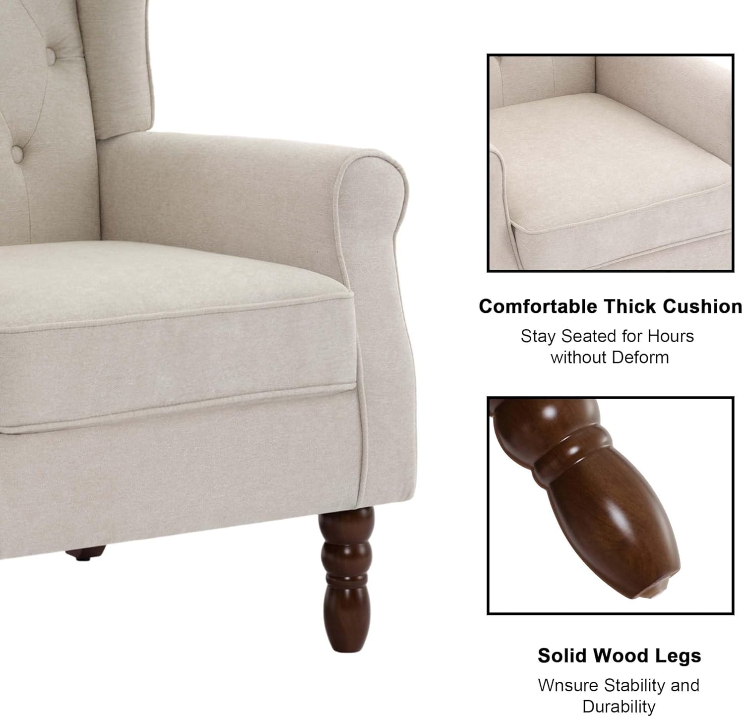 Accent Chair, Upholstered Armchair with Button Tufted High Back & Solid Wood Legs, Comfy Wingback