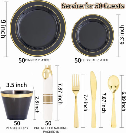 350 Pieces Black and Gold Plastic Plates with Disposable Silverware, Include 50 Dinner Plates 9”