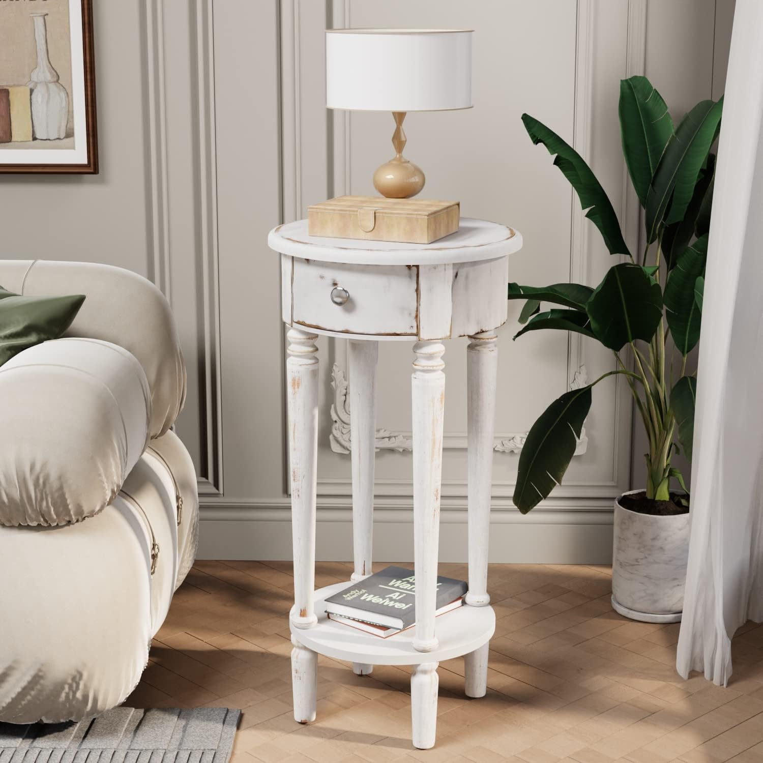 COSIEST Tall End Table with Drawer Sets of 2, Round Nightstand Bedside Table with Storage Shelf