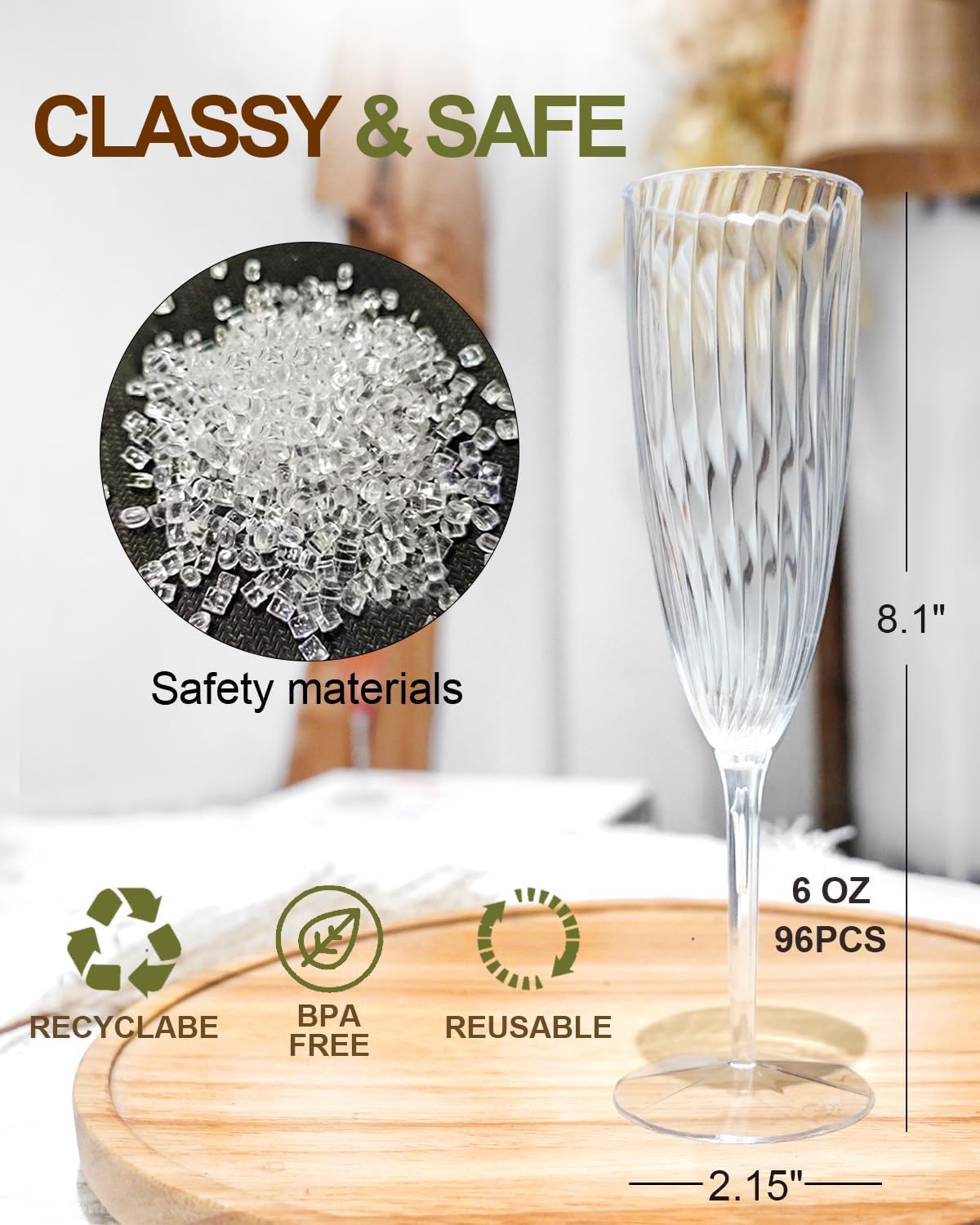 Clear Plastic Champagne Flutes, 96 PCS Disposable Reusable Cocktail Cups for Home Daily Life Party