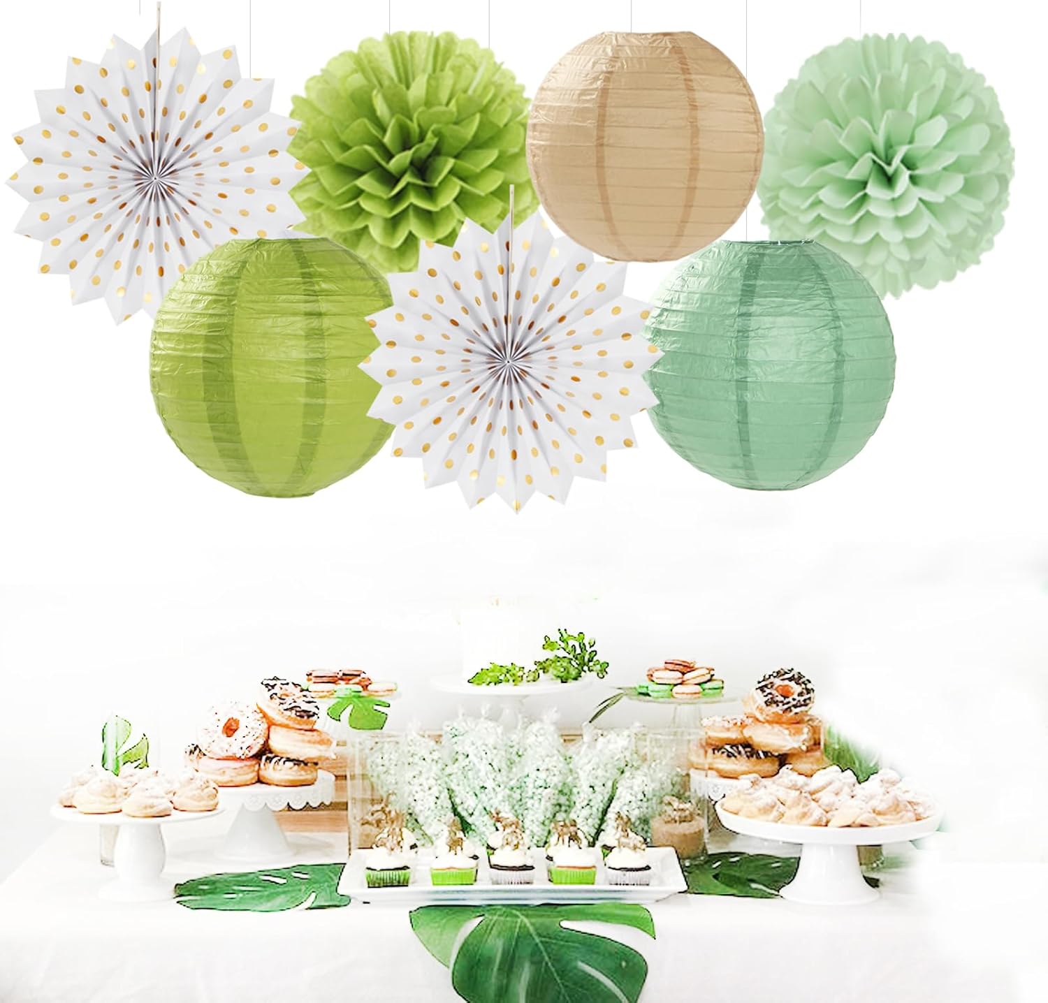 Olive-Sage Green-Boho Party-Decorations Streamers-Lanterns - 14pcs Baby Bridal Shower Wedding Paper