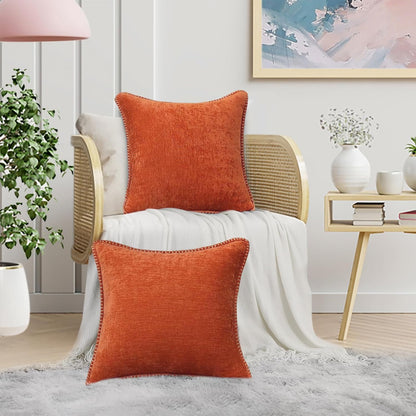 decorUhome Fall Chenille Soft Throw Pillow Covers 18x18 Set of 2, Farmhouse Velvet Neutral