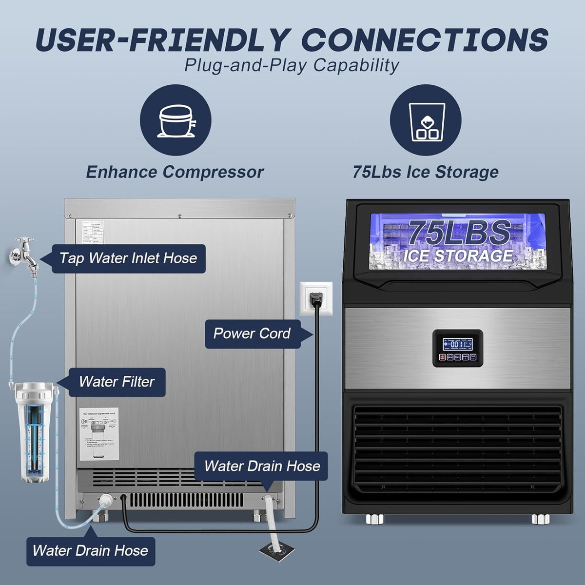 Commercial Ice Maker Machine 300LBS/24H with 75LBS Storage Bin, Stainless Steel