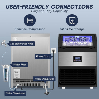 Commercial Ice Maker Machine 300LBS/24H with 75LBS Storage Bin, Stainless Steel
