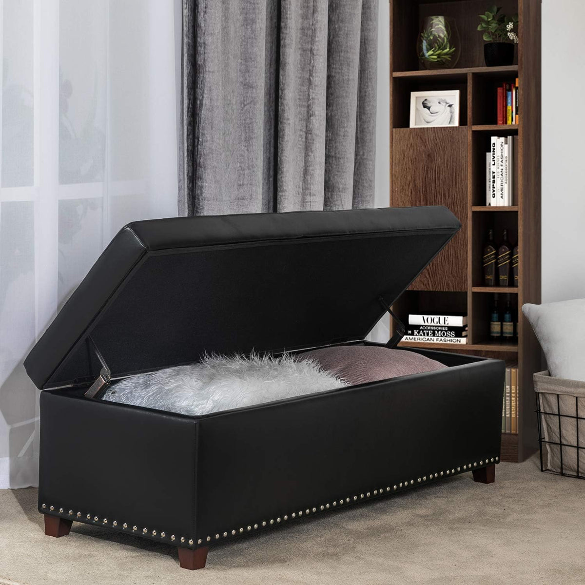 Joveco 47 Inch Storage Ottoman Bench,Tufted Leather Storage Bench with Nailhead Trim for Bedroom