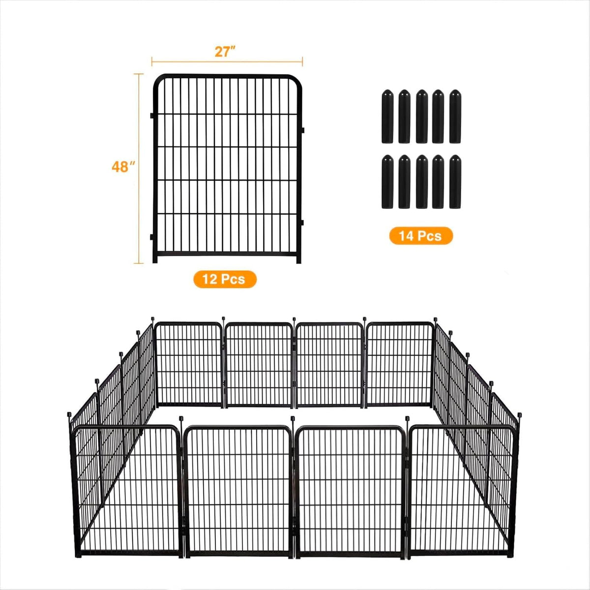 Doorless Dog Digging Fence Barrier,48in(H) 12 Panels Total 26.6 Ft(L), Black Metal Fencing for Yard