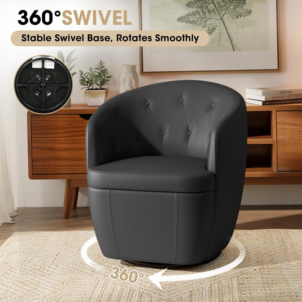 360° Swivel Leather Accent Chair, Modern Barrel Club Chair with Leather Upholstery and Sturdy Base
