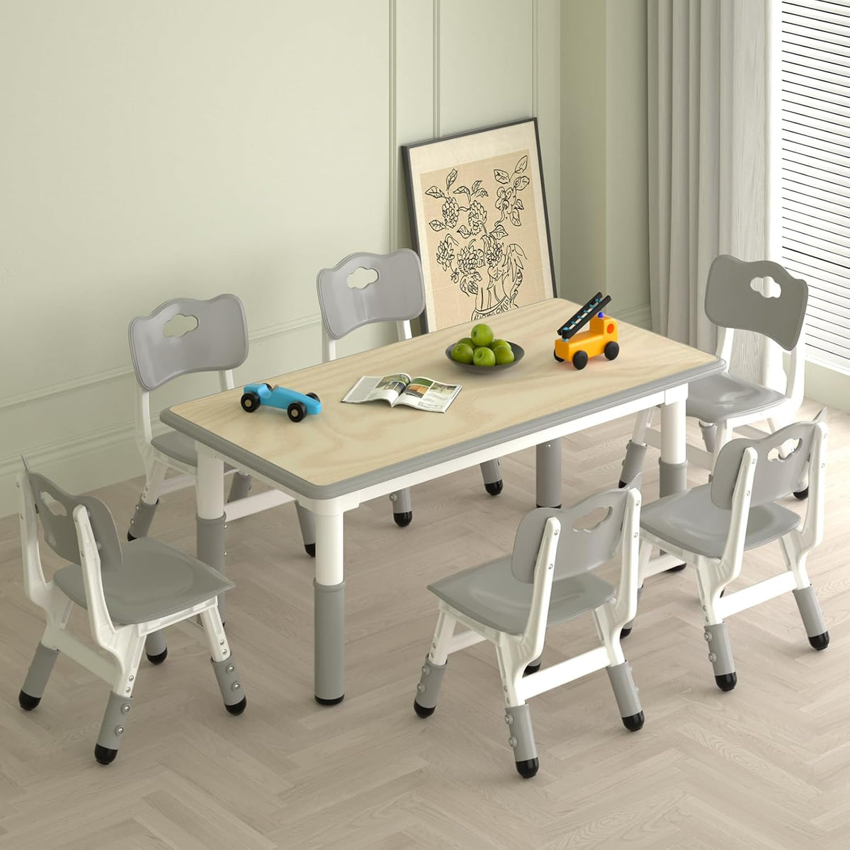 Kids Study Table and 6 Chairs Set,Height Adjustable Table and Chairs for Children and