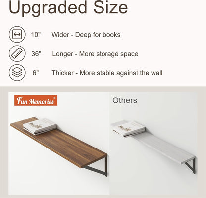 36"W x 10"D Floating Shelves, 10 Inch Deep Walnut Floating Shelves, Farmhouse Rustic Deep Wall