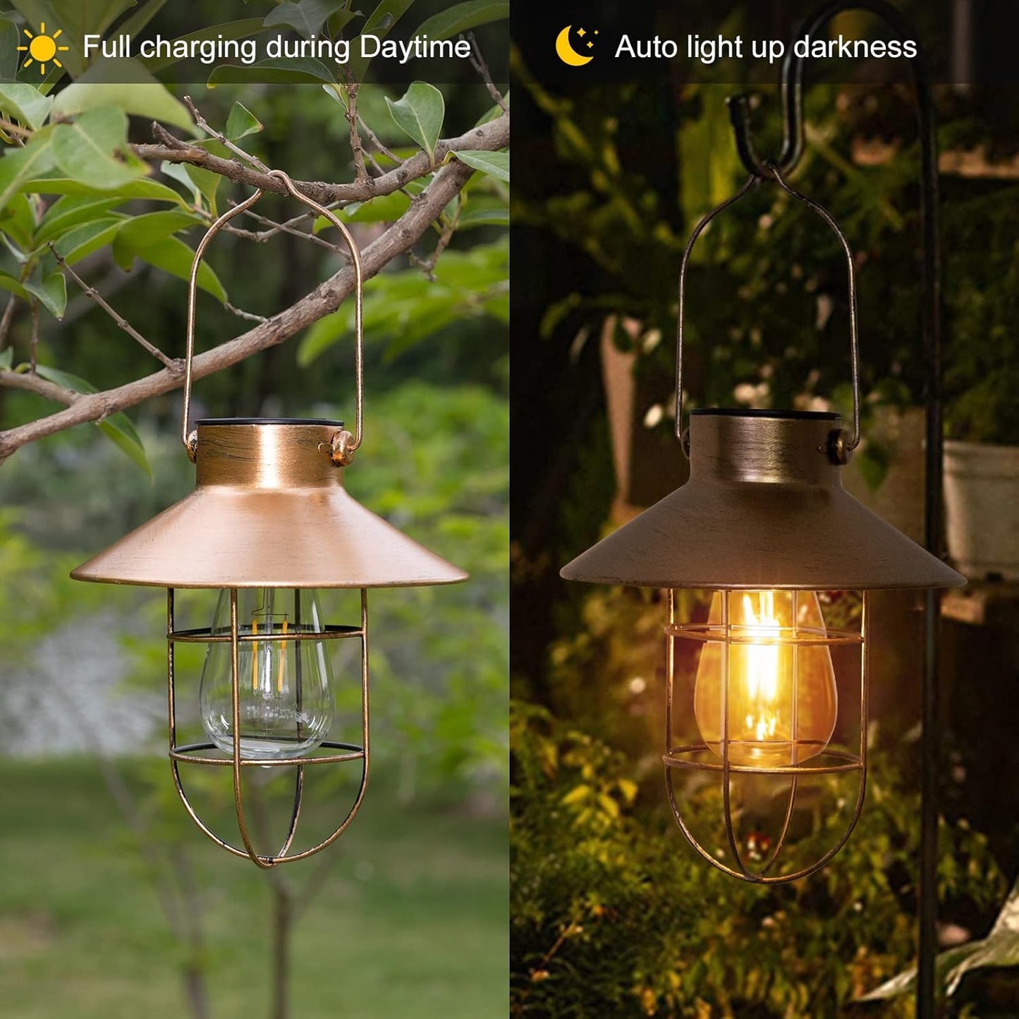pearlstar Solar Lantern Outdoor Hanging Light Metal Farmhouse Solar Lamp with Warm White Edison