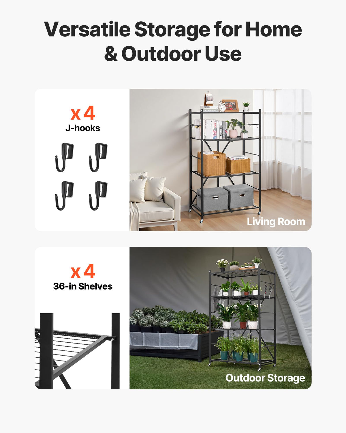 VEVOR 4-Tier Foldable Storage Shelf, 36W x 21D x 60H Inch Folding Metal Rack Shelving Unit, No