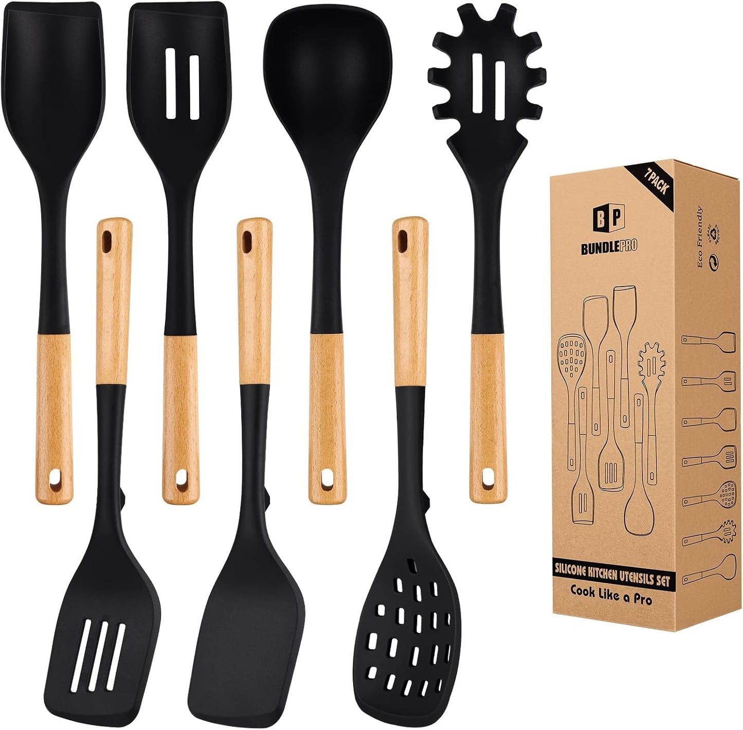 Silicone Kitchen Utensil Set for Non Stick Cookware, 7 Pcs Heat Resistant Cooking Utensils with