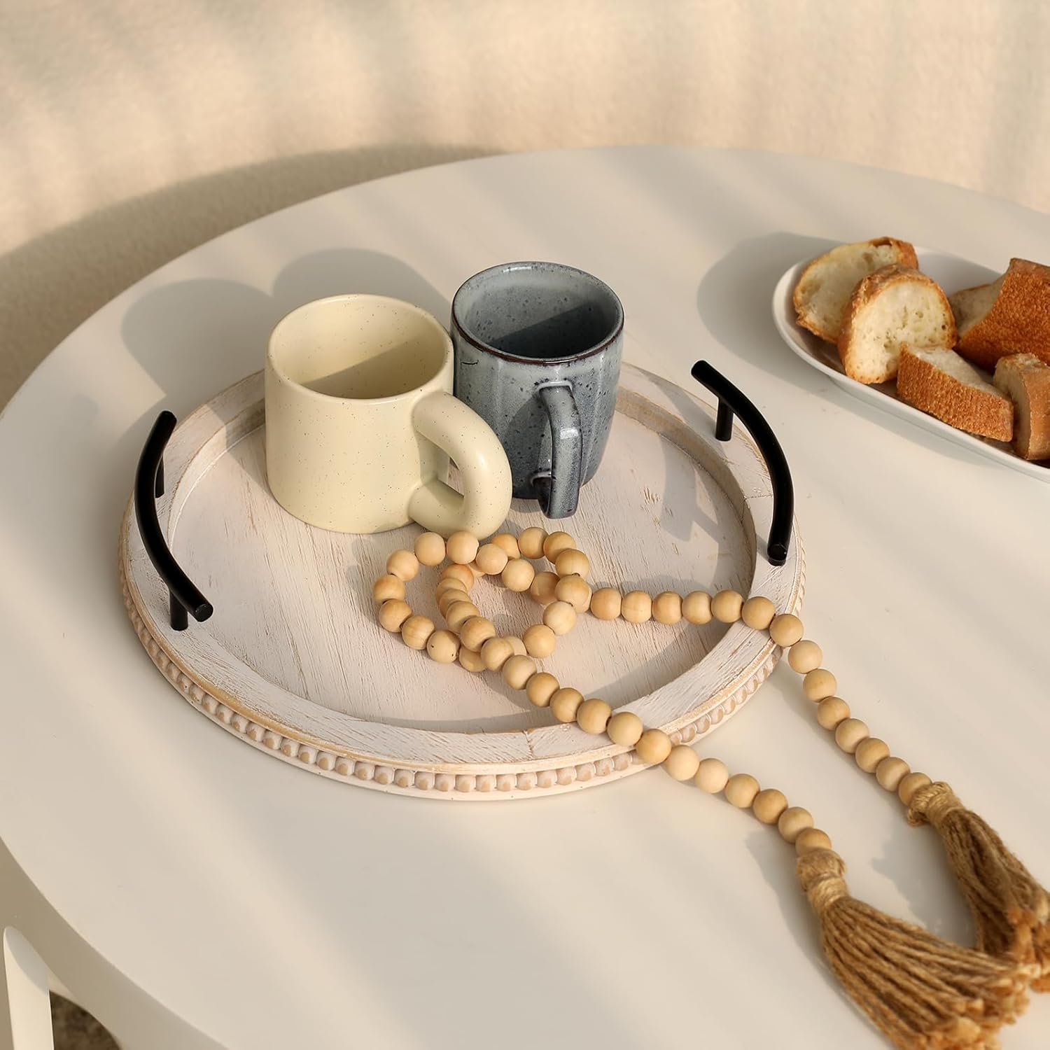 SwallowLiving White Wooden Beaded Serving Tray with Handle Decorative Rustic Whitewashed Tray for