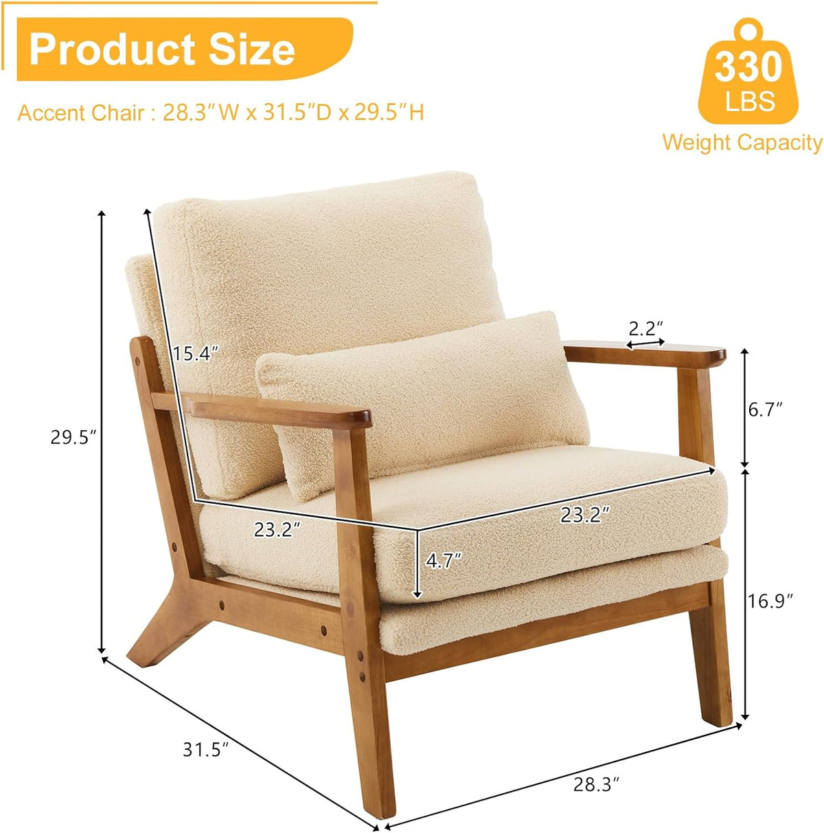 Karl home Accent Chair Wide Armrest Mid-Century Lounge Chair Teddy Fleece Armchair with Lumbar