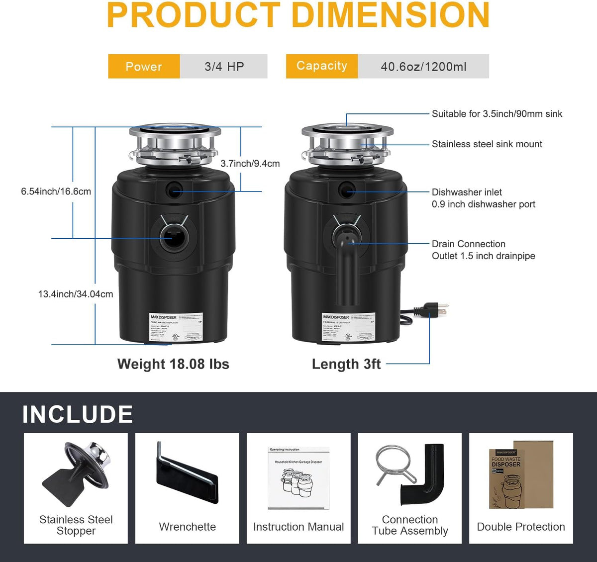 Garbage Disposal 3/4 HP Ultra Quiet powerful grinding Kitchen Food Waste Disposer with Power Cord