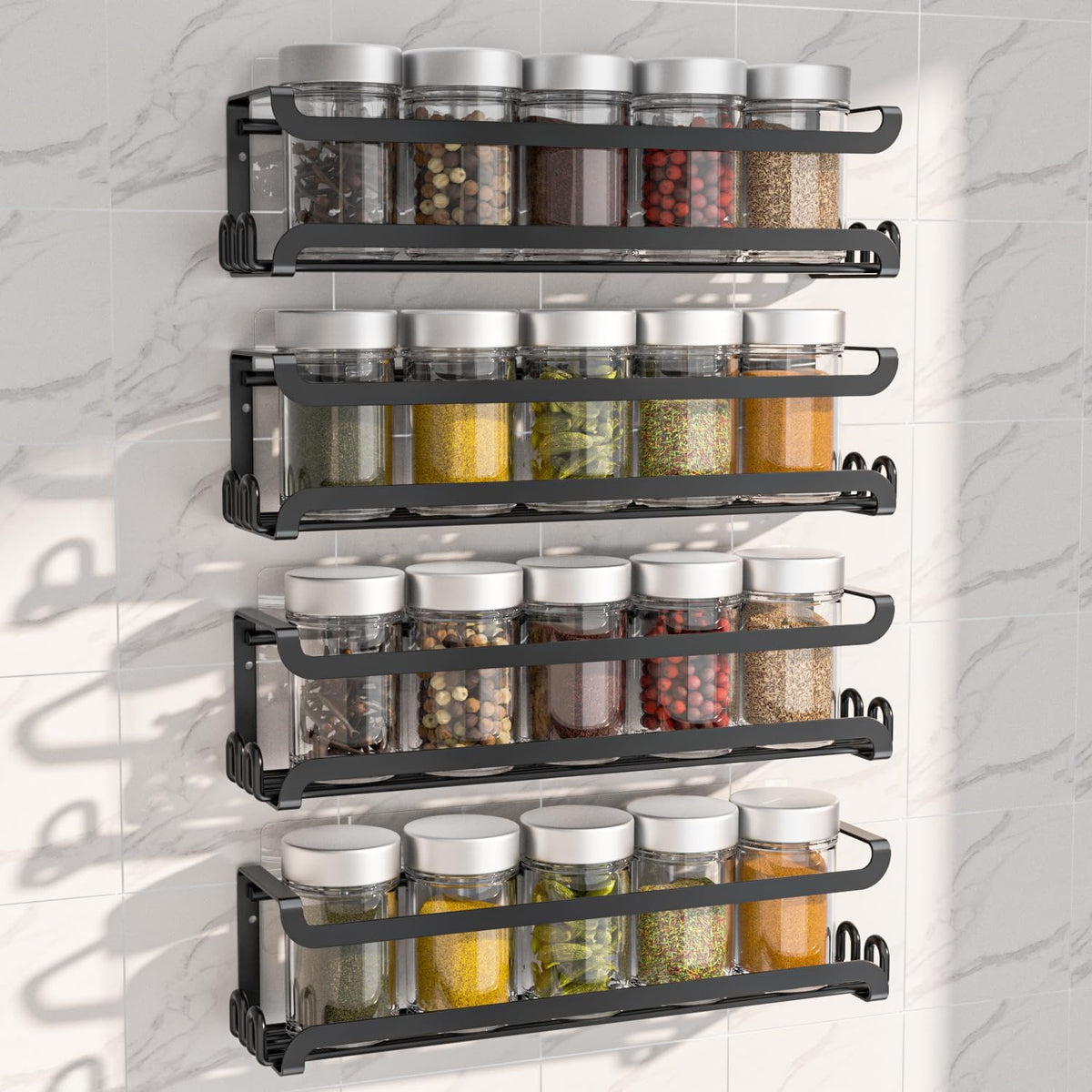 LUCYCAZ 4 Pack Wall Mounted Spice Rack with 16 Hooks, Spice Organizer Shelf for Stove Cabinet