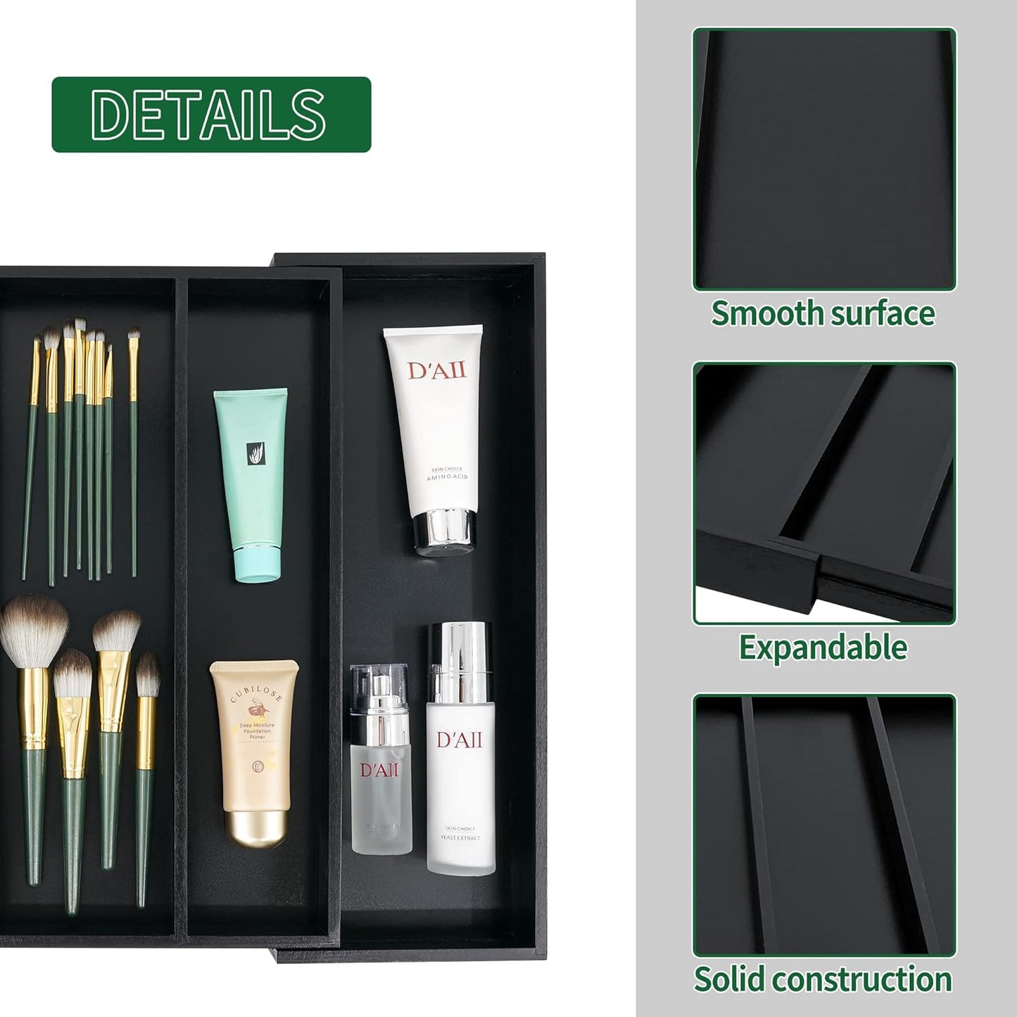 Utoplike Bamboo Drawer Organizer Kitchen Utensils, Adjustable Black Silverware Holder and Cutlery