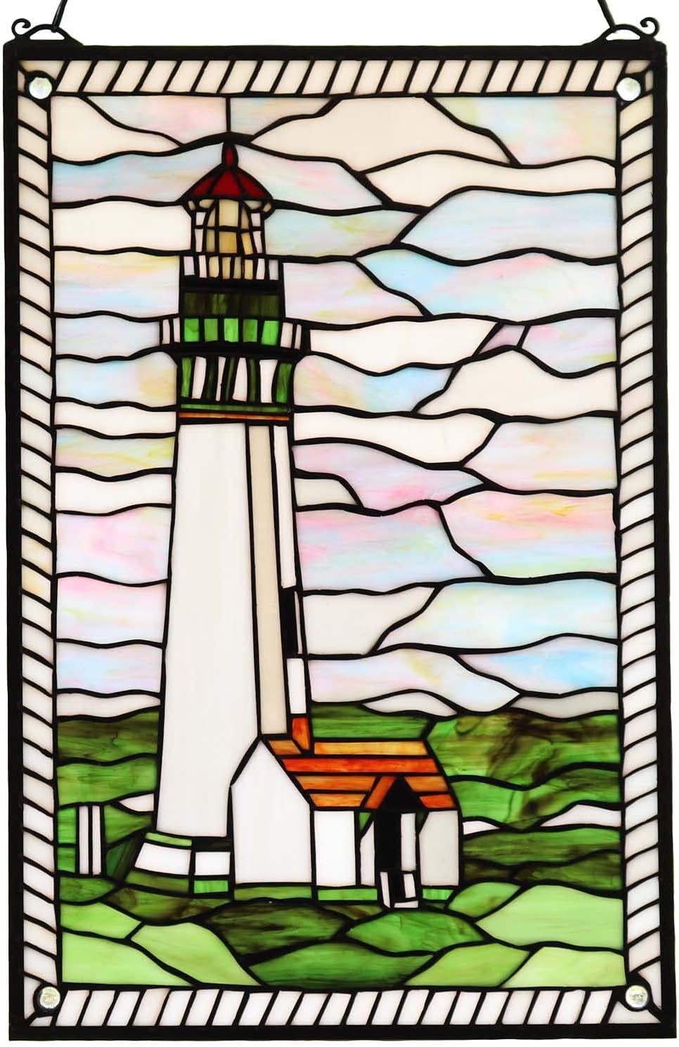 Bieye W10005 Pigeon Point Lighthouse Tiffany Style Stained Glass Window Panel with Hanging Chain
