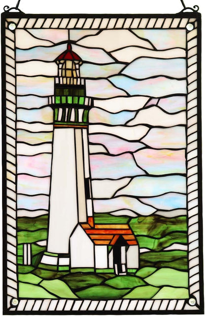 Bieye W10005 Pigeon Point Lighthouse Tiffany Style Stained Glass Window Panel with Hanging Chain