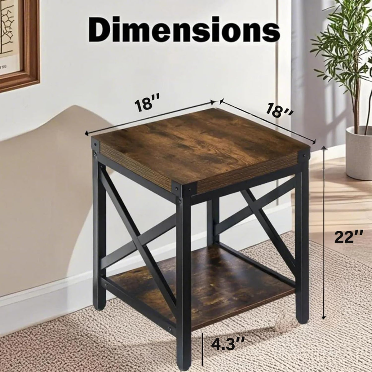 End Table Large Side Table for Living Room, Rustic Farmhouse End Tables with 2-Tier Storage, Square