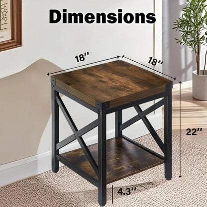 End Table Large Side Table for Living Room, Rustic Farmhouse End Tables with 2-Tier Storage, Square