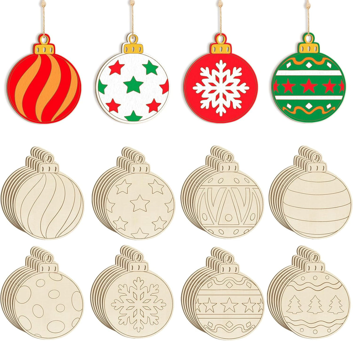 80PCS Wooden Christmas Ornaments to Paint, 8 Styles DIY Blank Unfinished Wood Christmas Ball