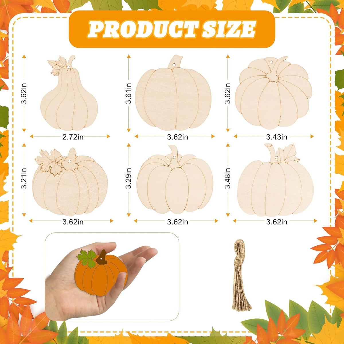 24 PCS Unfinished Wooden Fall Crafts, Pumpkin Shaped Hanging Ornaments DIY Wood Craft Cutouts for