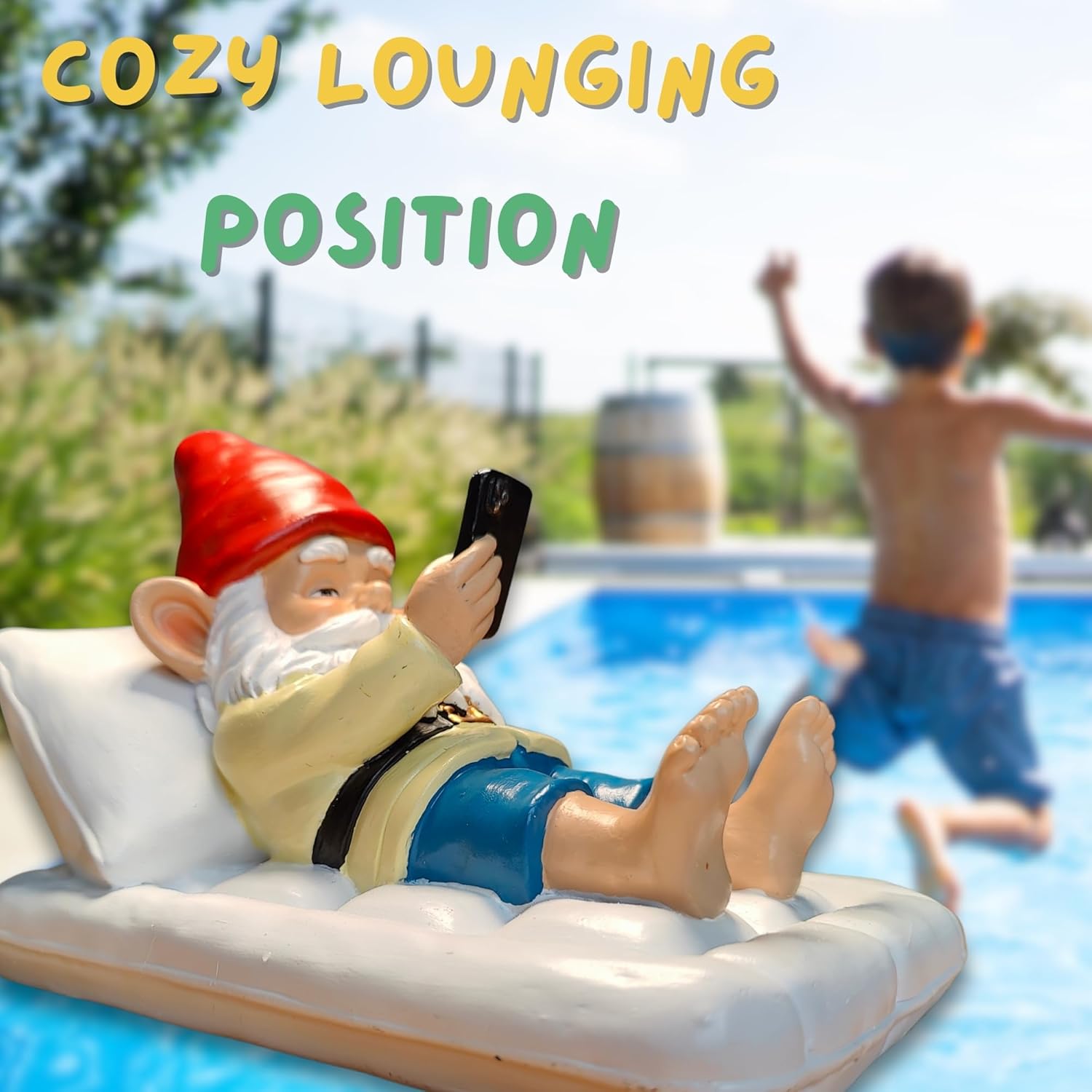 Relaxing Pool Gnome with Smartphone - 5.6" Heavy Resin Garden Statue - Weather-Resistant Funny Lawn