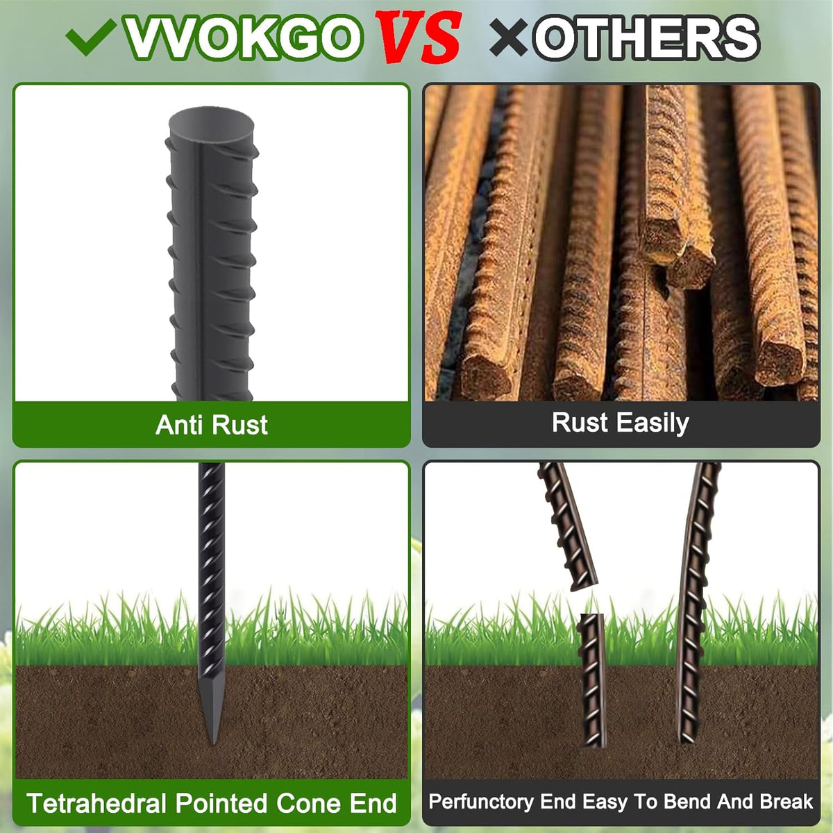 VVOKGO Rebar Stakes 24 Inch Ground Straight Concrete Form Stakes Heavy Duty (50pcs), 3/8" Diameter