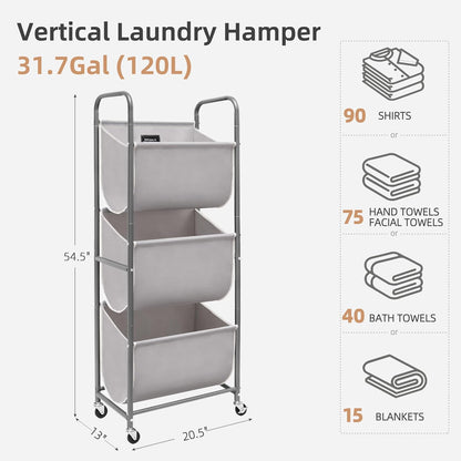 STORAGE MANIAC 120 Liters Vertical Rolling Laundry Hamper, 3 Section Laundry Sorter with Wheels and