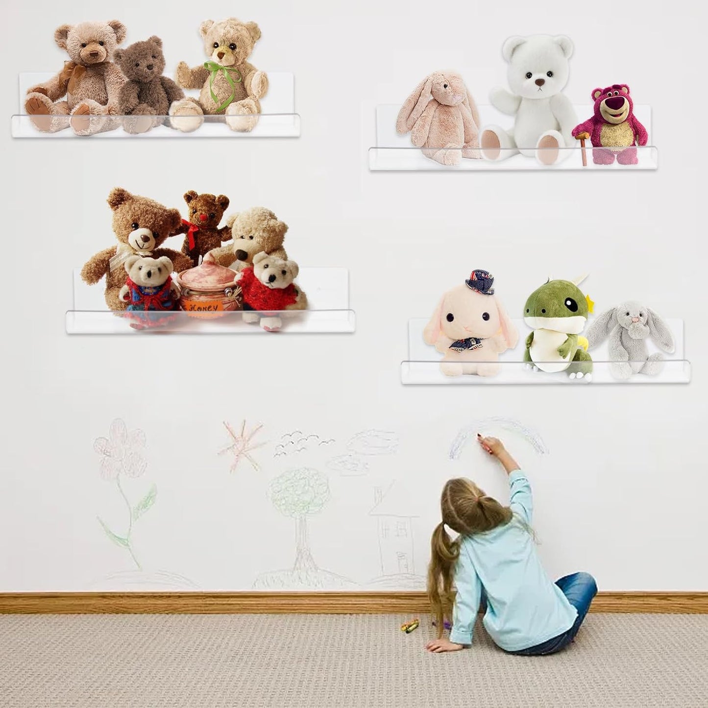 4 Pack Clear Acrylic Floating Shelves for Wall, 15'' Plastic Wall Mounted Display Shelf Kids