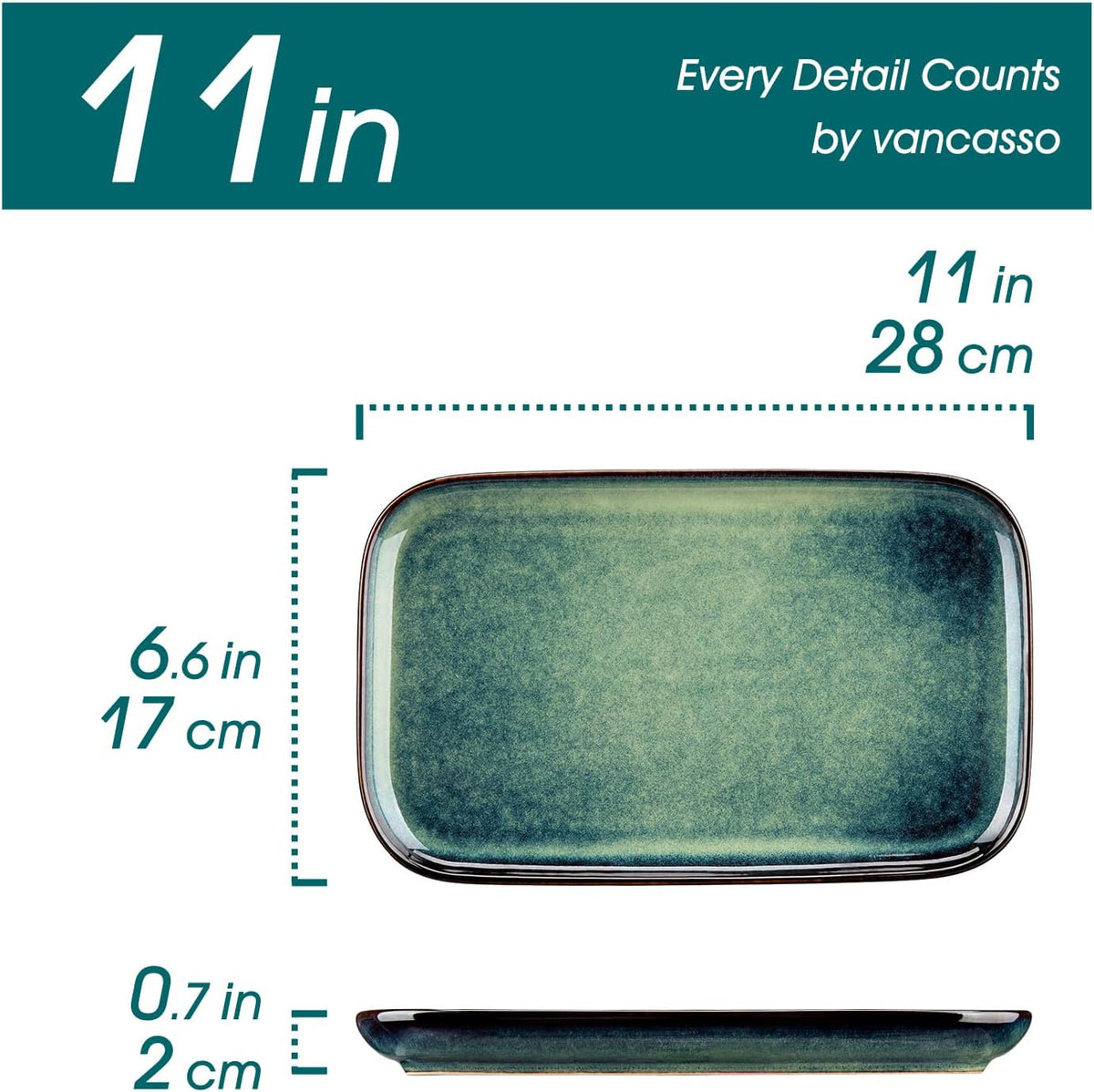 vancasso Stern Serving Platters Set of 4, 11 Inches Rectangular Ceramic Serving Plates, Green