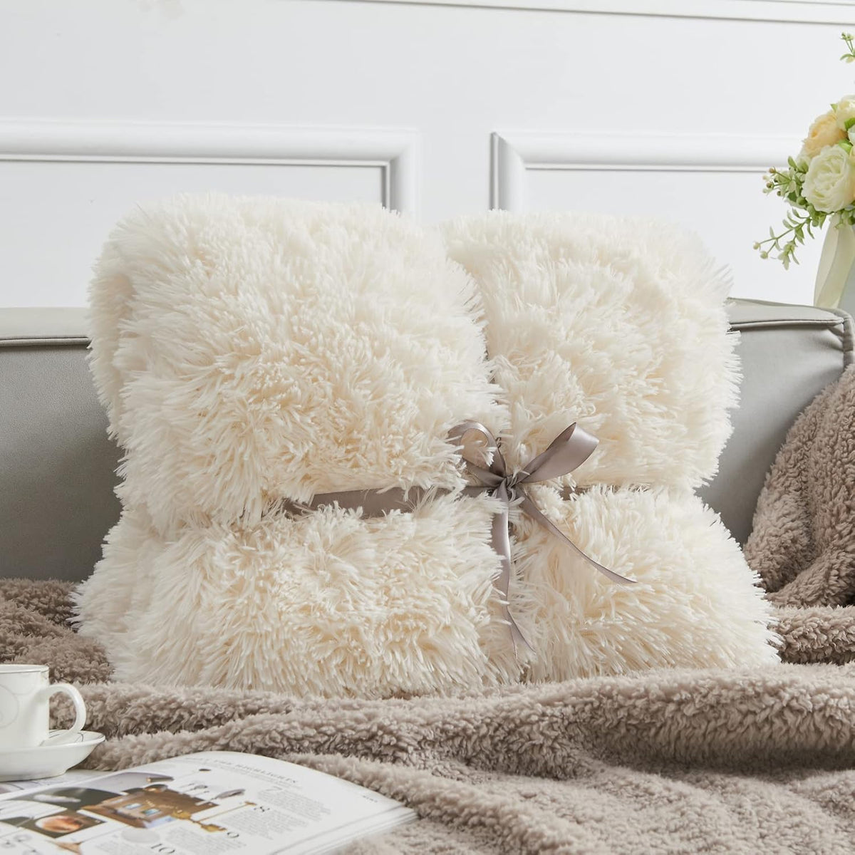 GONAAP Fuzzy Faux Fur Throw Blanket Ivory Super Soft Cozy Plush Fuzzy Shaggy Blanket for Couch Sofa