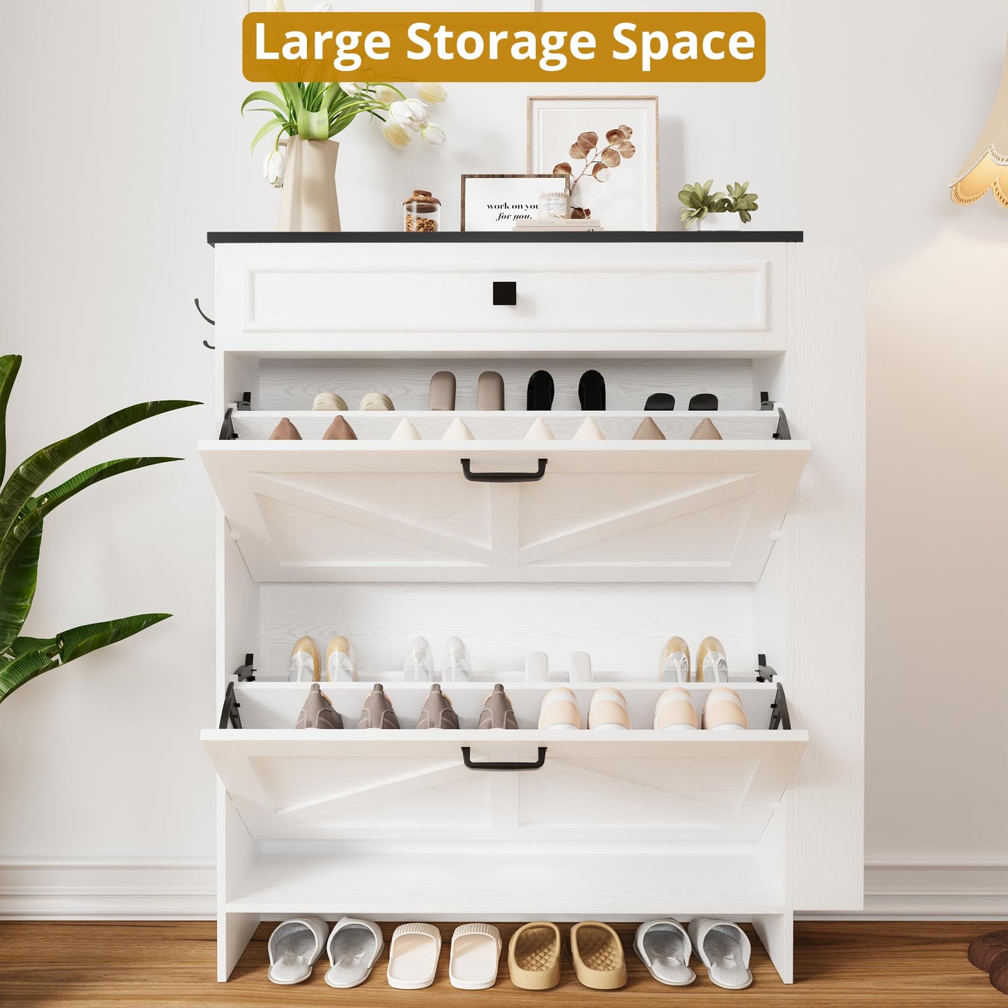 IRONCK Shoe Storage Cabinet with 2 Flip Drawers & Barn Door, White/Black