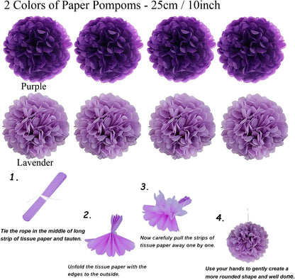 ZERODECO Party Decoration, 21 Pcs Purple and Lavender Hanging Paper Fans, Pom Poms Flowers