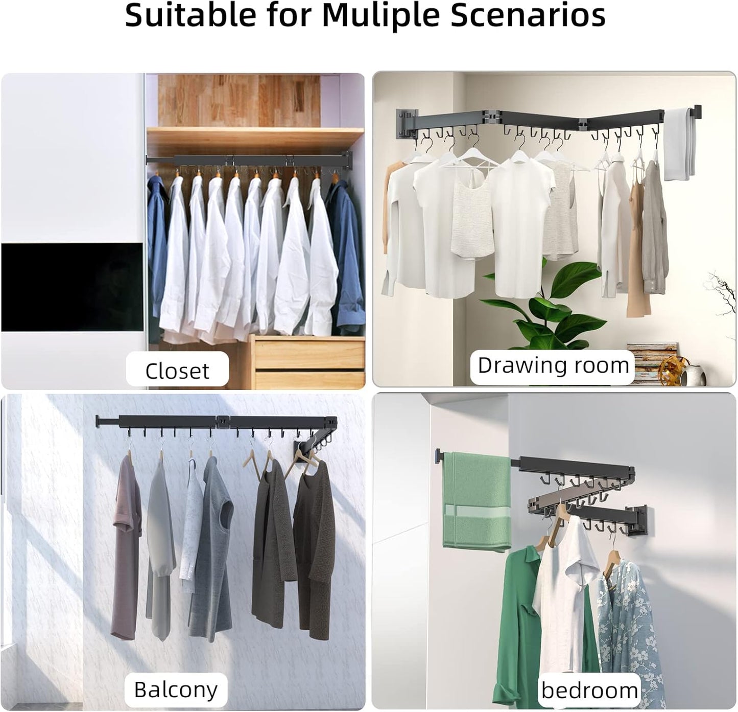 Foldable Clothes Drying Rack, 2 Fold Laundry Drying Rack Wall Mount, [No Drilling] Folding &