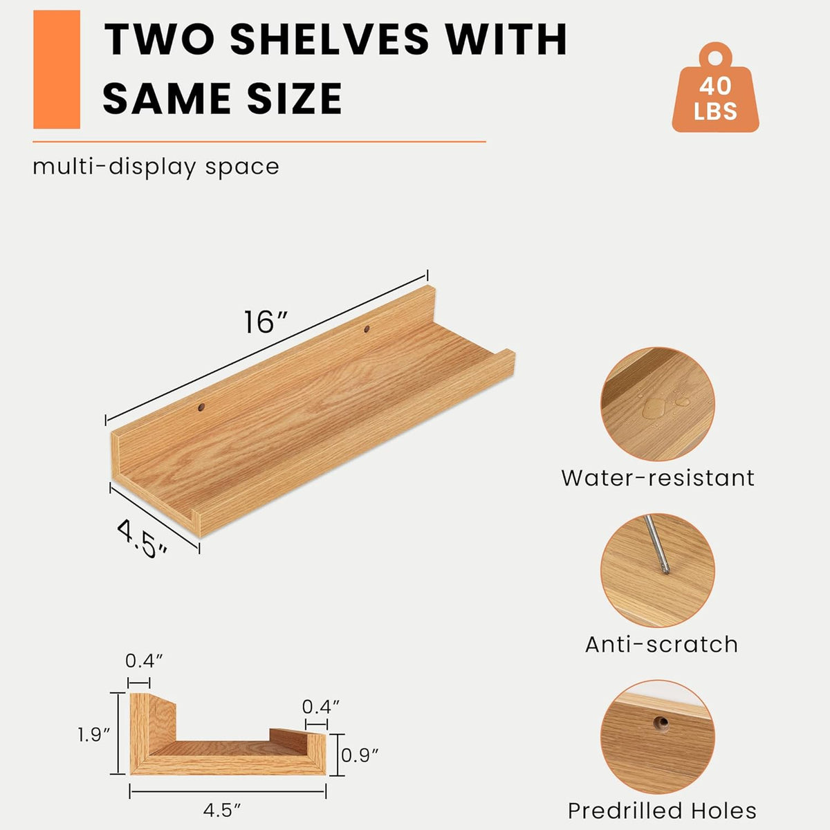 Heimlove Picture Ledge Shelf, Small Floating Shelves Set of 2, 16 Inches Picture Shelf for Wall