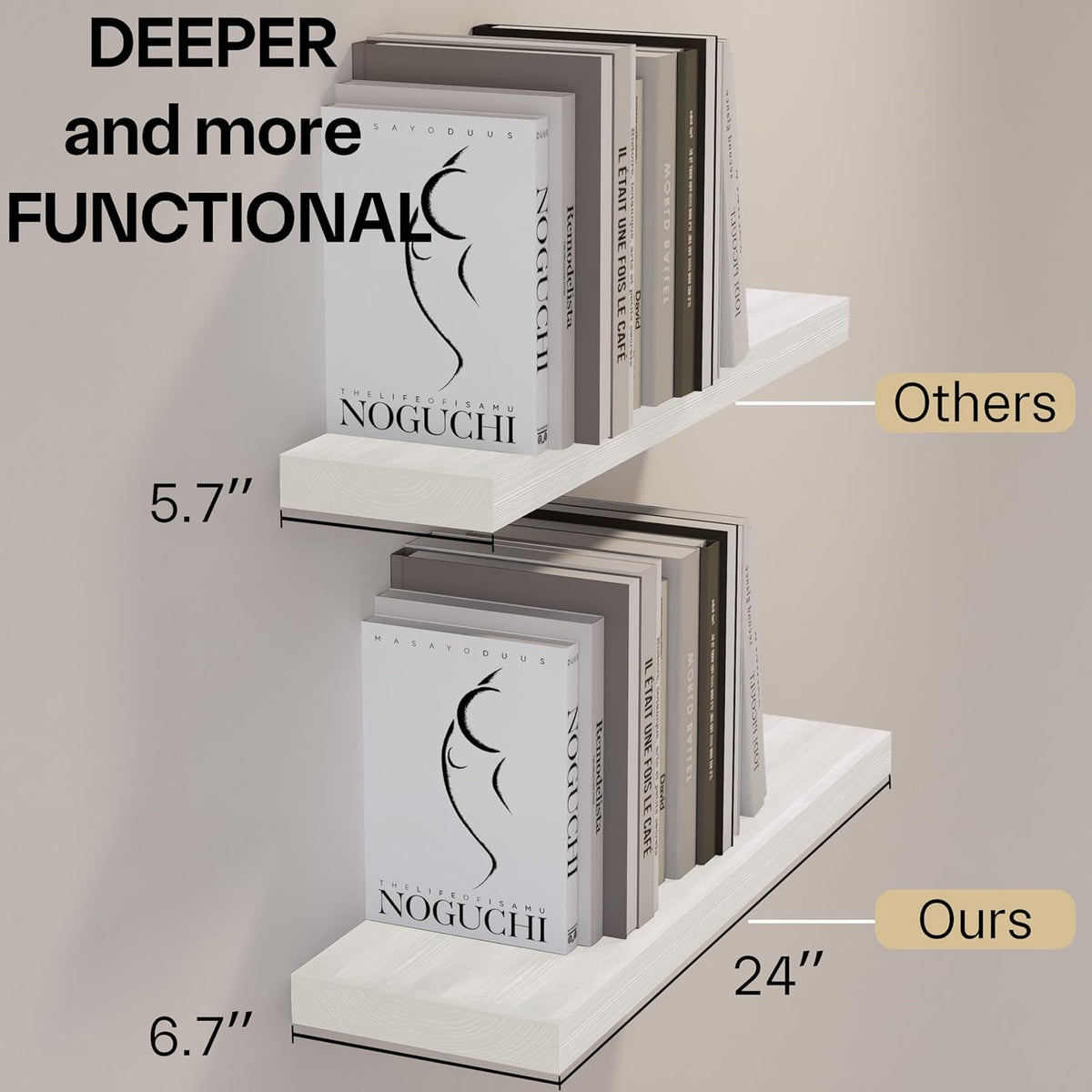 BGMG Wood Floating Shelves 24 inch Long,Rustic Solid Wooden Deep Wall Shelves for Bathroom Living