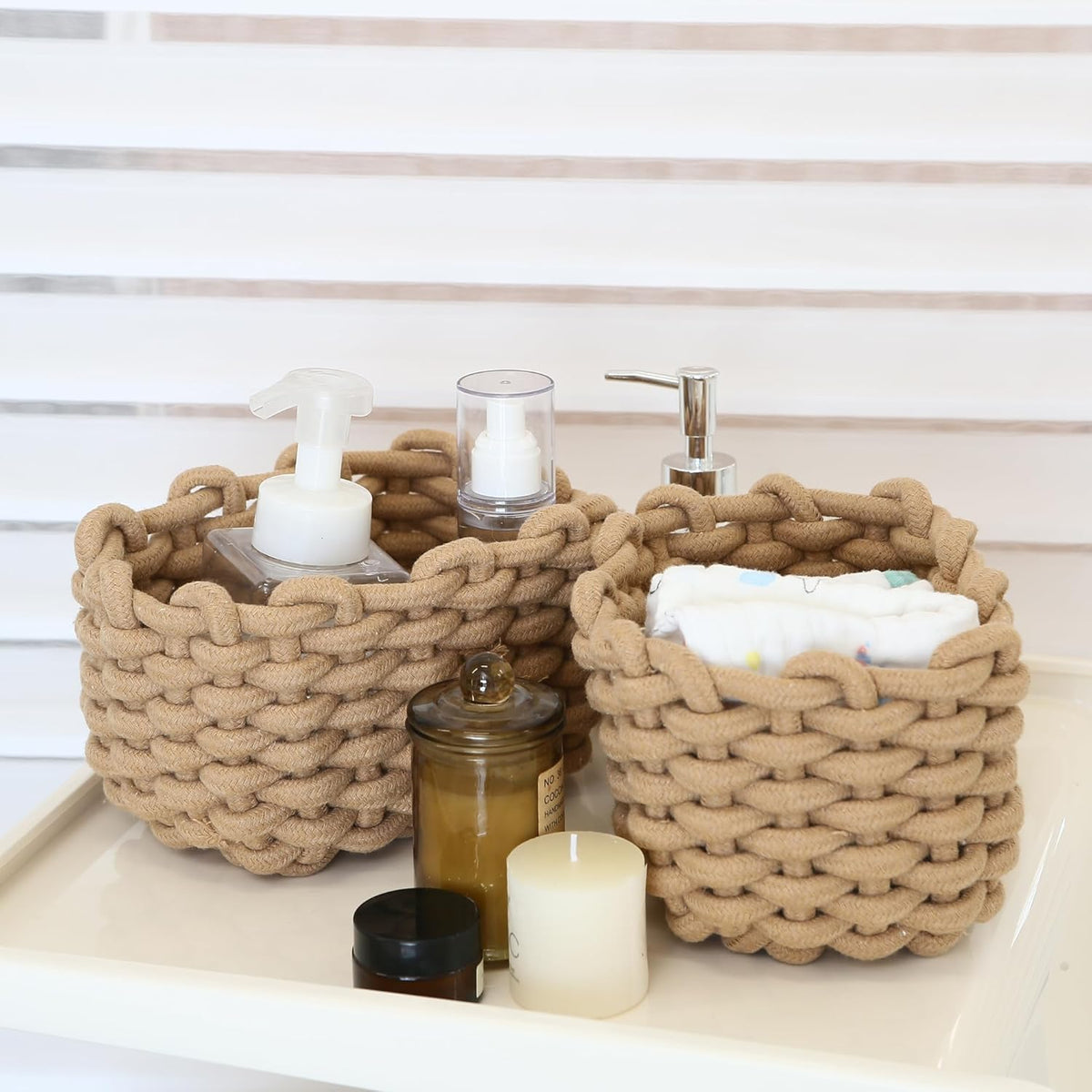 Sea Team 3-Pack Rectangle Woven Cotton Rope Storage Baskets with Handles, Shelf Basket, Closet