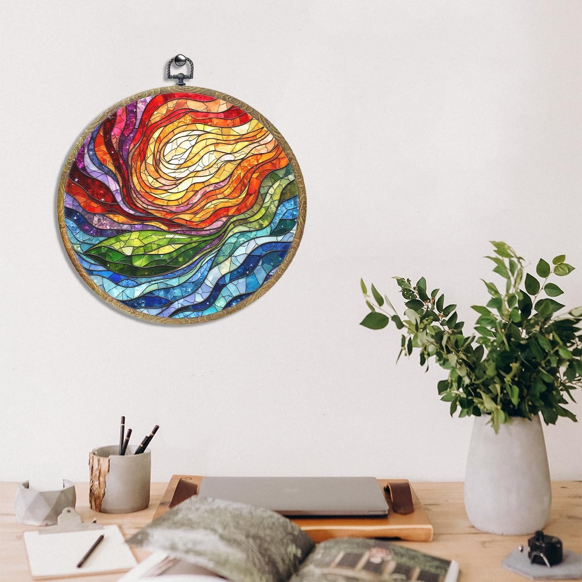 Colorful Boho Rainbow Geometric Spiral Sun Art Gift Framed Round Wall Decor Canvas Wall Art Hanging
