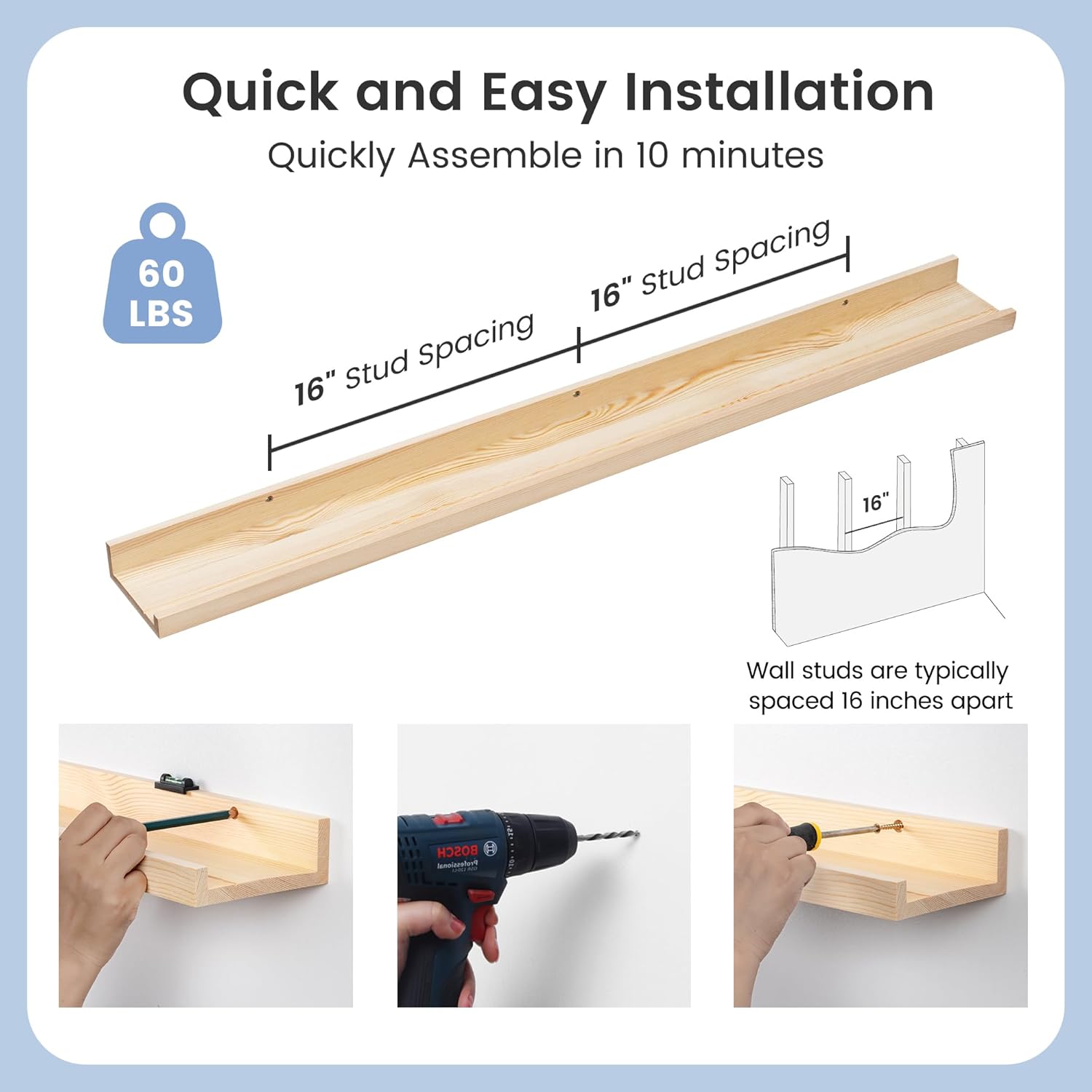 Picture Ledge Shelf for Wall, 48 inches Solid Pine Wood Nursery Book Shelves 3 Packs, Floating