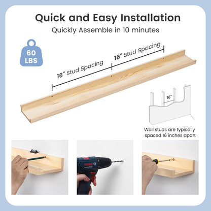 Picture Ledge Shelf for Wall, 48 inch Solid Pine Wood Nursery Book Shelves 2 Packs, Floating Ledge