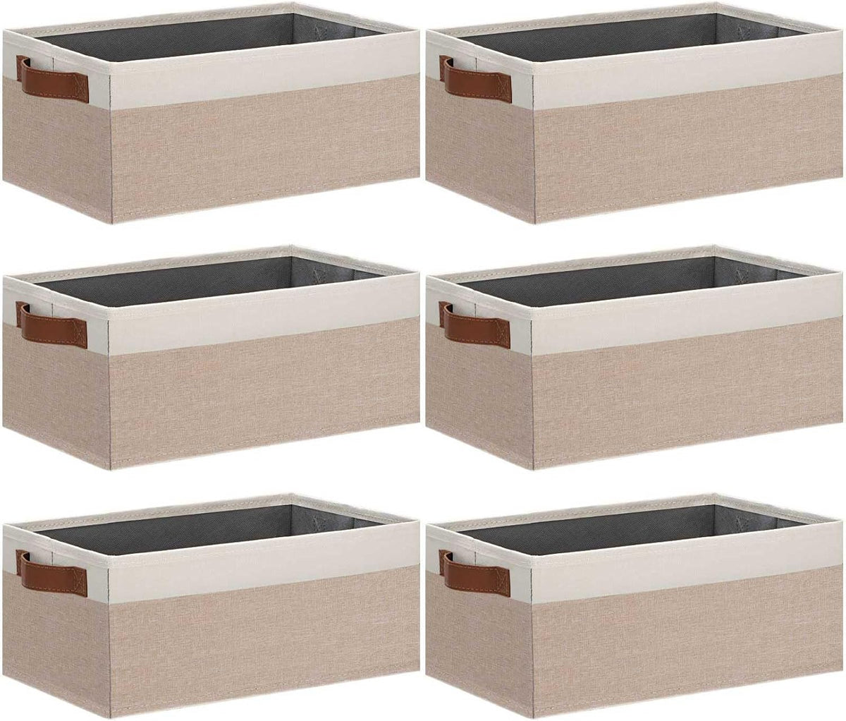 GhvyenntteS Small Fabric Storage Bins 6 Pack, 11.8" x 7.87" x 5.11" Storage Basket with Leather