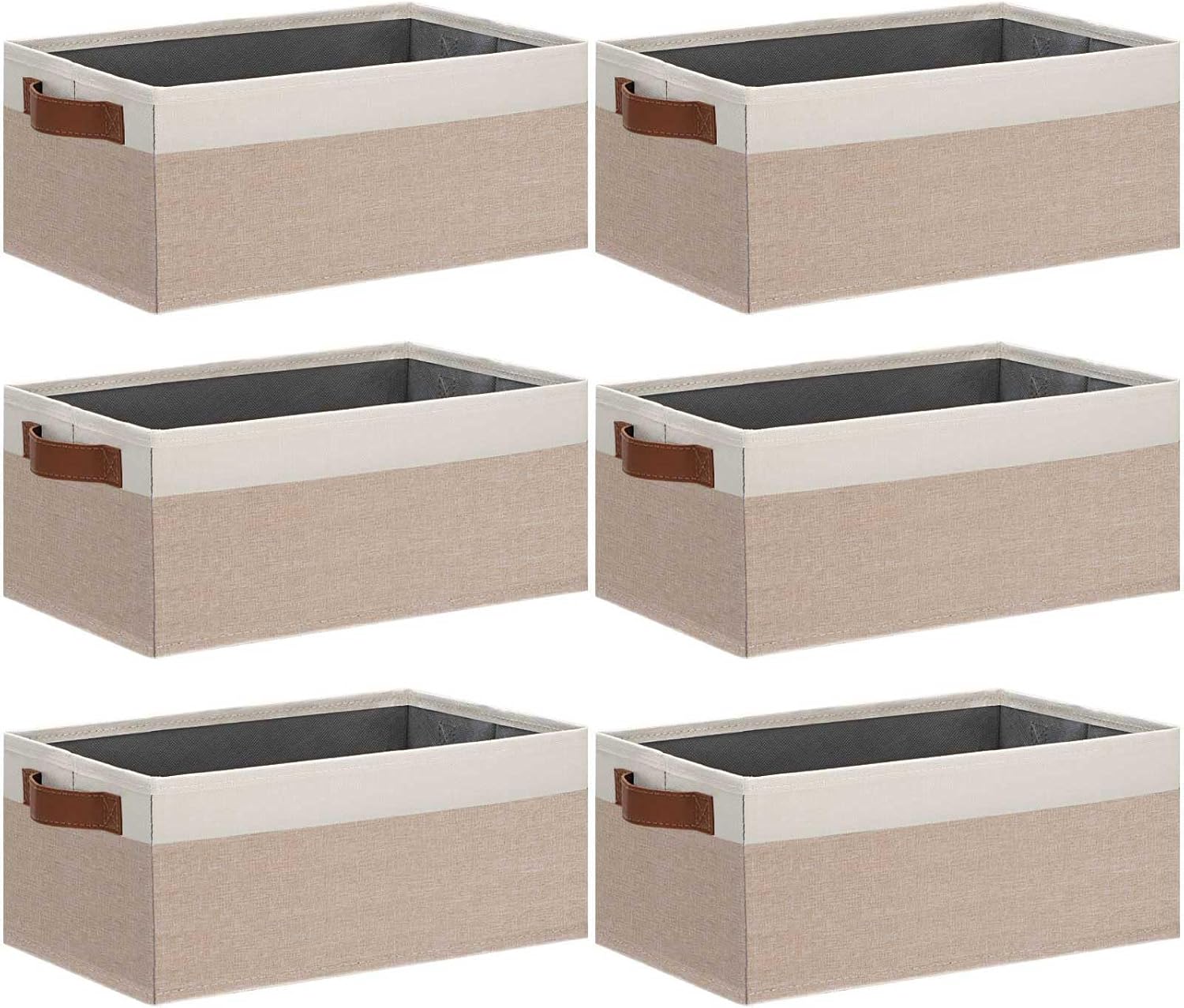 GhvyenntteS Small Fabric Storage Bins 6 Pack, 11.8" x 7.87" x 5.11" Storage Basket with Leather