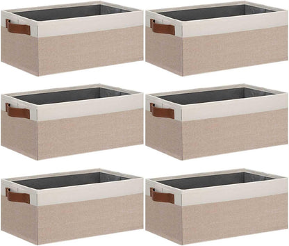 GhvyenntteS Small Fabric Storage Bins 6 Pack, 11.8" x 7.87" x 5.11" Storage Basket with Leather