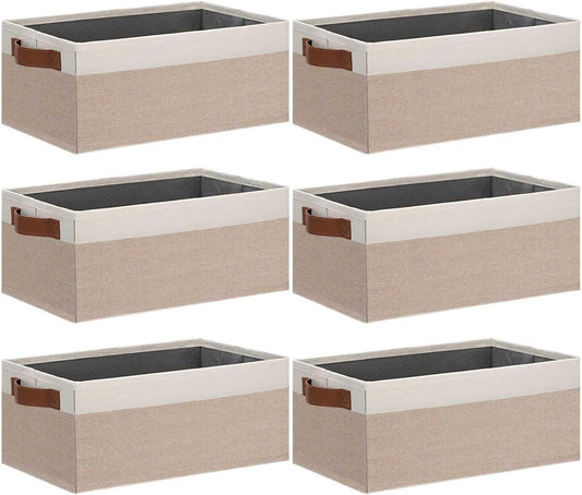 GhvyenntteS Small Fabric Storage Bins 6 Pack, 11.8" x 7.87" x 5.11" Storage Basket with Leather