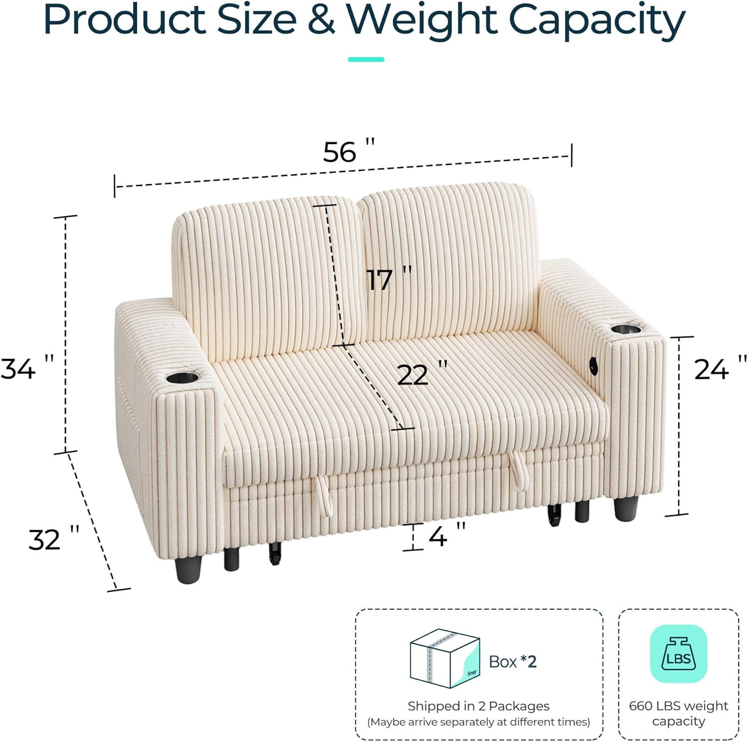 LINSY HOME Loveseat Sofa with Storage - Comfy Plush Corduroy 2 Seater Sofa with USB Charging & Cup