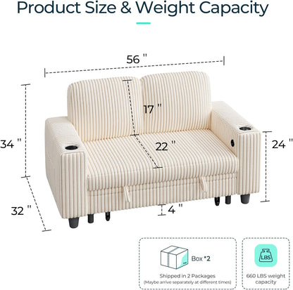 LINSY HOME Loveseat Sofa with Storage - Comfy Plush Corduroy 2 Seater Sofa with USB Charging & Cup