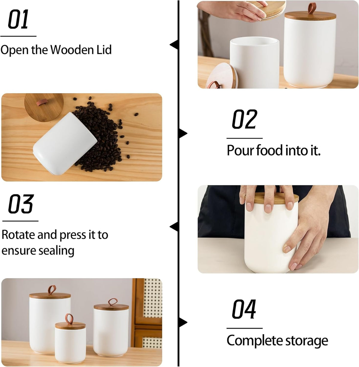 White Canister Sets for Kitchen, 3pcs Ceramic Canisters with Airtight Wooden Lid, Food Storage Jar