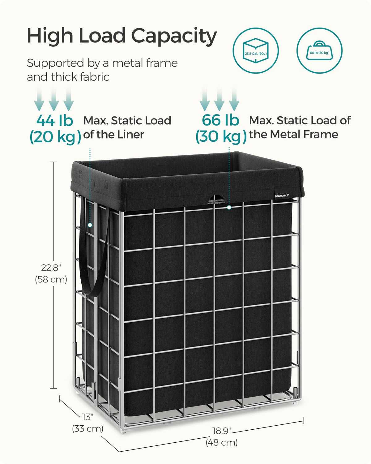 SONGMICS Laundry Hamper, 23.8 Gal. (90L) Laundry Basket, Collapsible Clothes Hamper, Removable and